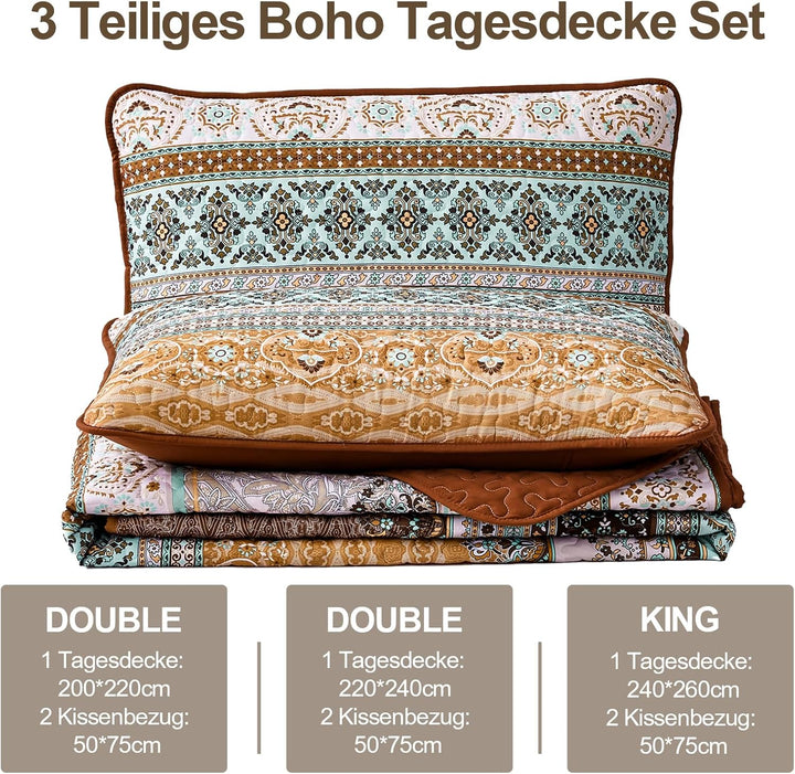WONGS BEDDING Tagesdecke 220x240 Bettüberwurf Boho Decke Steppdecke 3 Teilig Doppelbett Gesteppt Bet