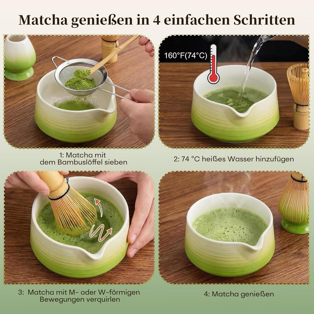 Matcha Set, Japanisches Matcha Set mit Keramikschale und Halter, Bambusbesen und Löffel, Edelstahlsi