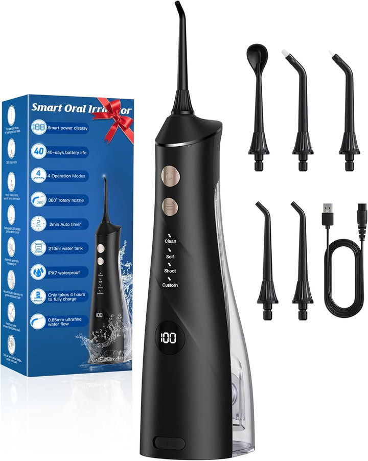 Munddusche Kabellos Elektrischer, 2025 Testsieger, 5 Jet-Tipps und 4 Modi, Smart-Display, Zahnpflege