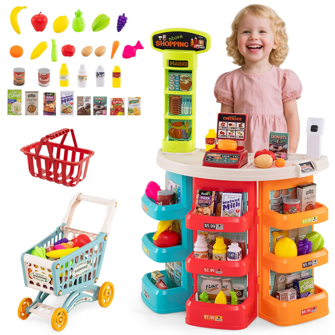 COSTWAY Kaufladen mit Einkaufswagen, Kinder Kaufmannsladen mit Waage, Regalen, Scanner mit Licht & S