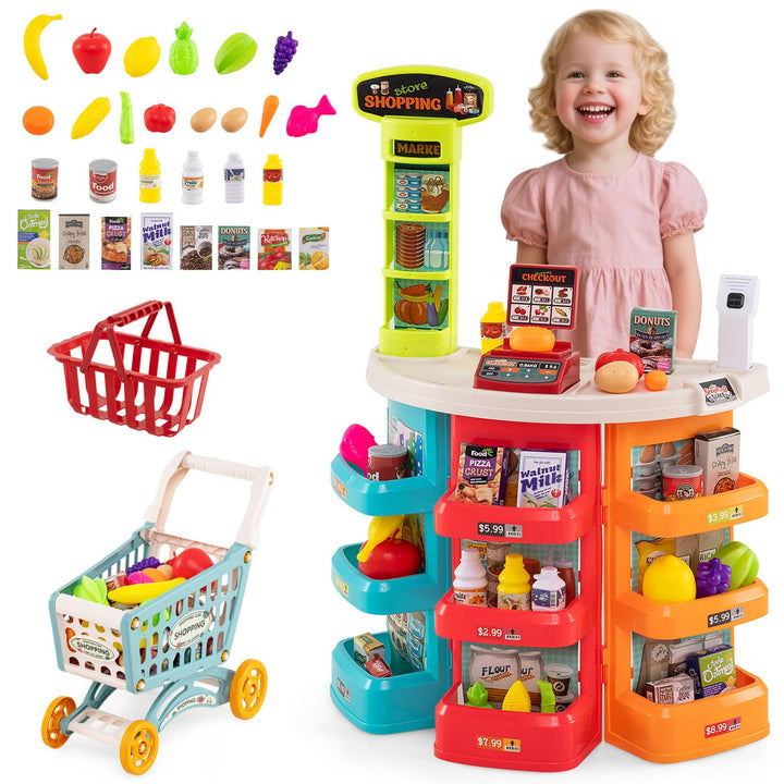 COSTWAY Kaufladen mit Einkaufswagen, Kinder Kaufmannsladen mit Waage, Regalen, Scanner mit Licht & S