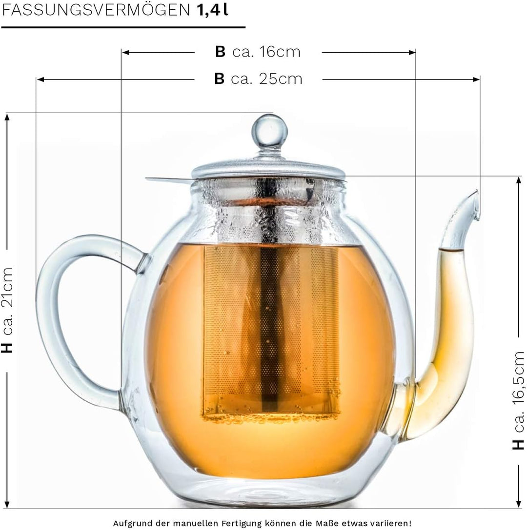 Creano doppelwandige Glas-Teekanne 1,4l mit Edelstahlfilter - tropffrei., 1,4 L