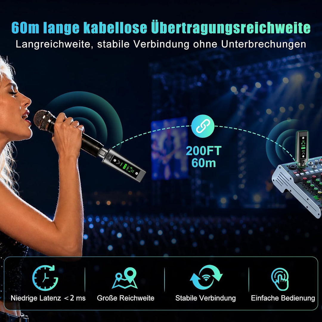Aveek Kabelloses XLR-Sender/Empfänger für dynamisches Mikro,60 m Reichweite |, Empfänger +2 Sender