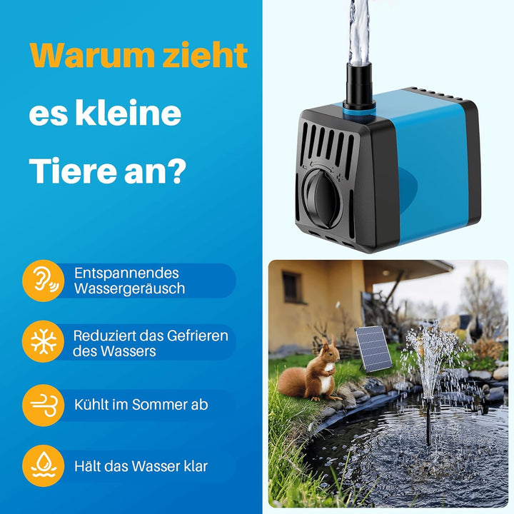 Biling Solar Springbrunnen für Aussen 12W 450L/H Leise Teichpumpe Solar mit 4 Düsen Schlauch, Solarb