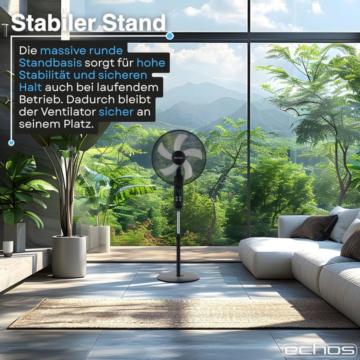 Echos® Standventilator 46cm Leise mit Fernbedienung 46 cm – 50W Leistungsstarker Standlüfter mit 3 G