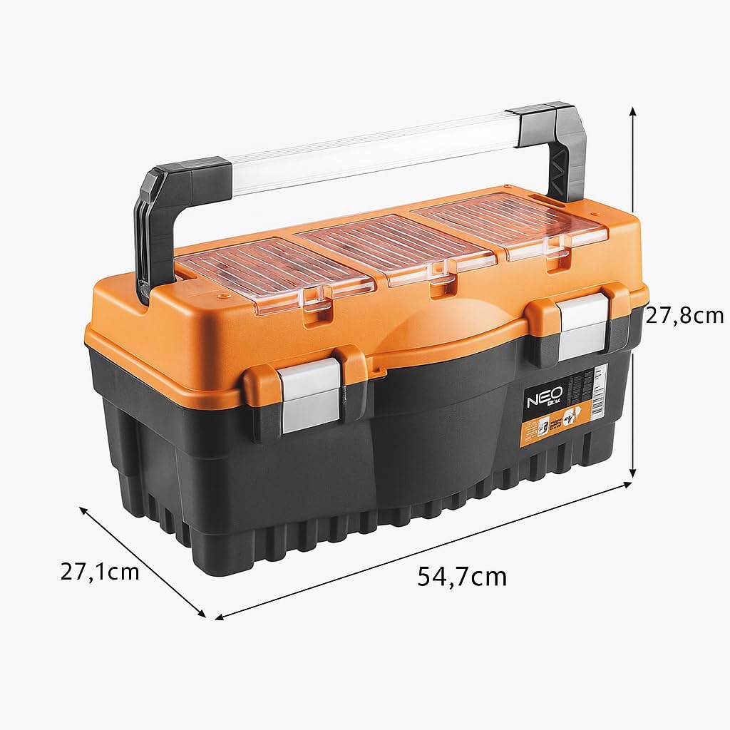 NEO TOOLS Profi Werkzeugkasten 21" (54.7 x 27.1 x 27.8cm) Organizer, Verschliessbare Fächer aus Poly