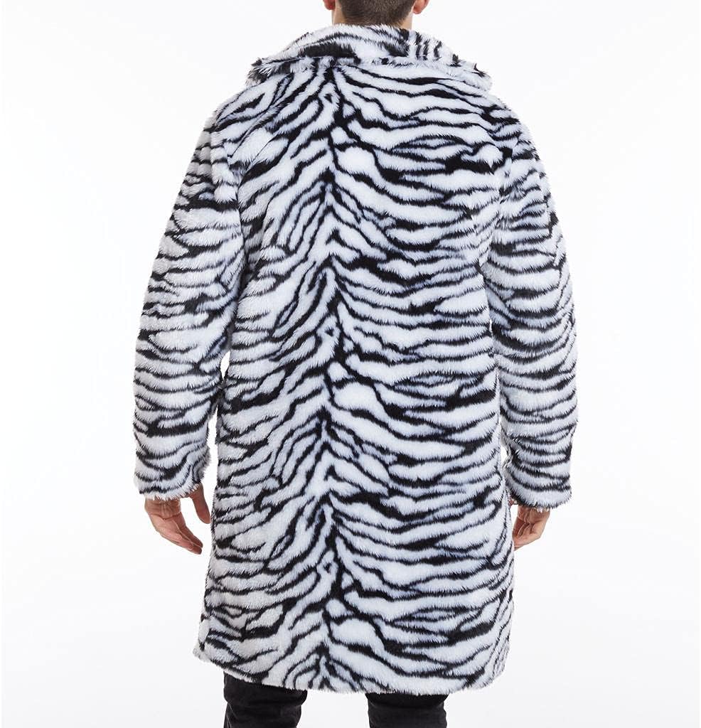 Celucke Pelzmantel Herren Lang Kunstpelz Mantel Leopard Strickjacke Reverskragen Winterjacke Warme V