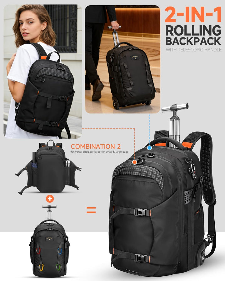 Rucksack mit Rollen 2 in 1 Abnehmbarer Rollrucksack Handgepäck– Wasserabweisend Rucksack Trolley mit