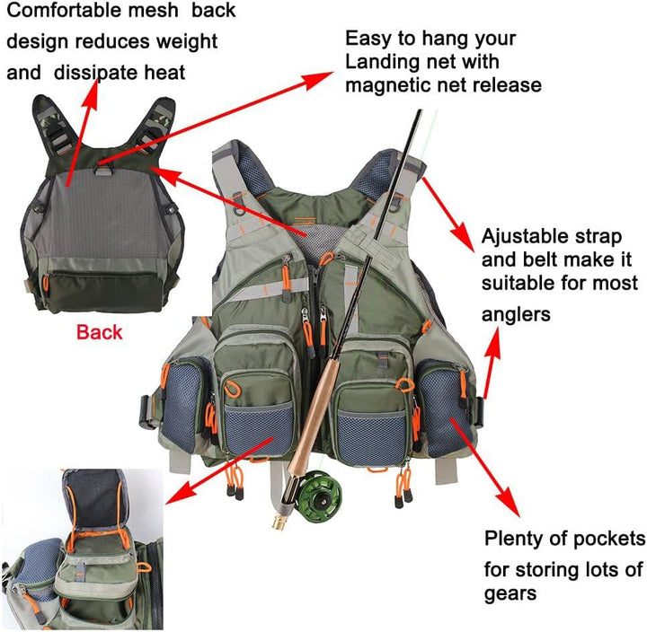 Kylebooker Fliegenfischen Weste Angelweste Einstellbare Grösse Maschen Multi-Taschen Jacke Einheitsg
