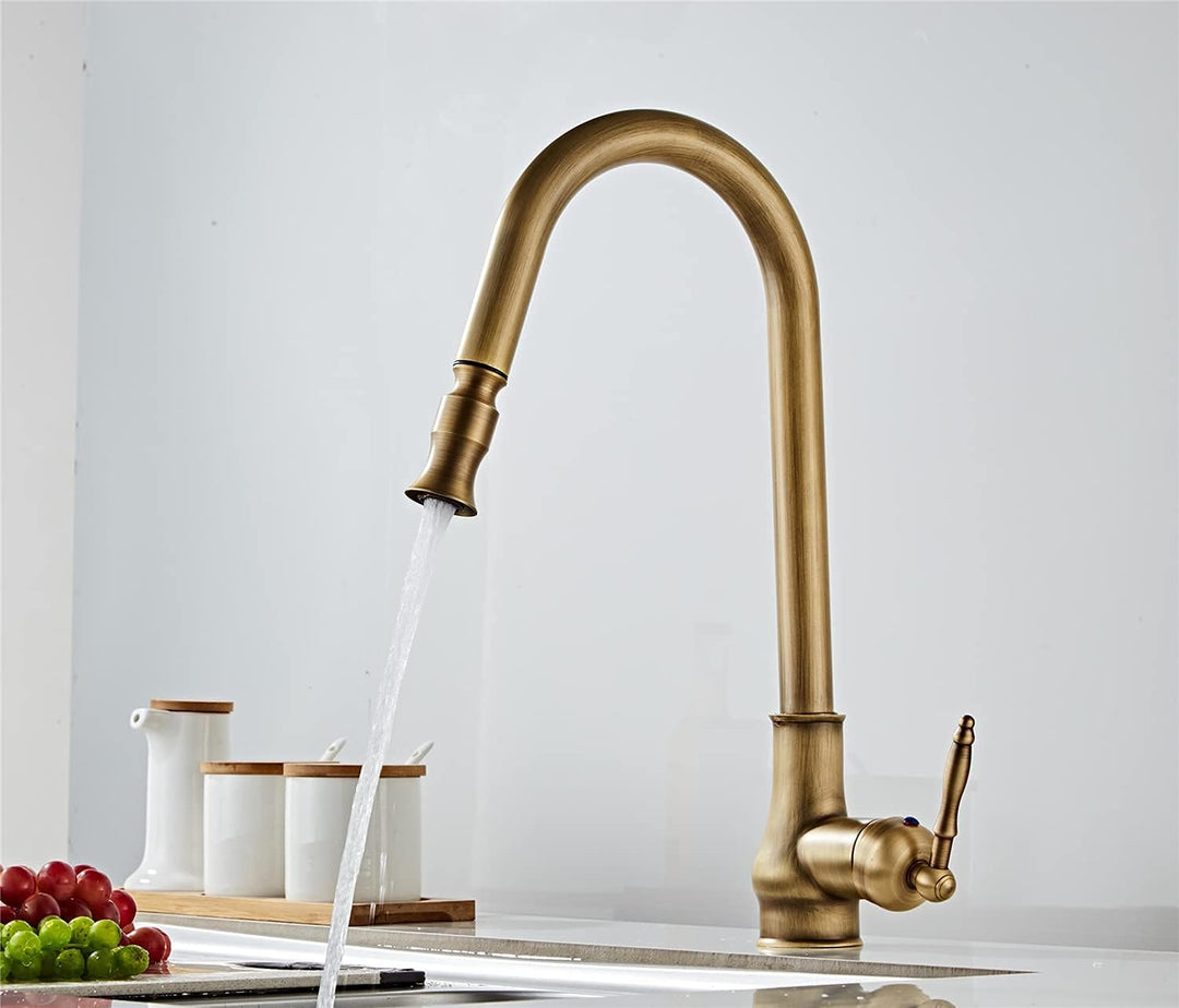 NIUKO Retro Küchenarmatur Ausziehbar, Wasserhahn Küche Messing Antik, Einhebel 360°Drehbar Spültisch