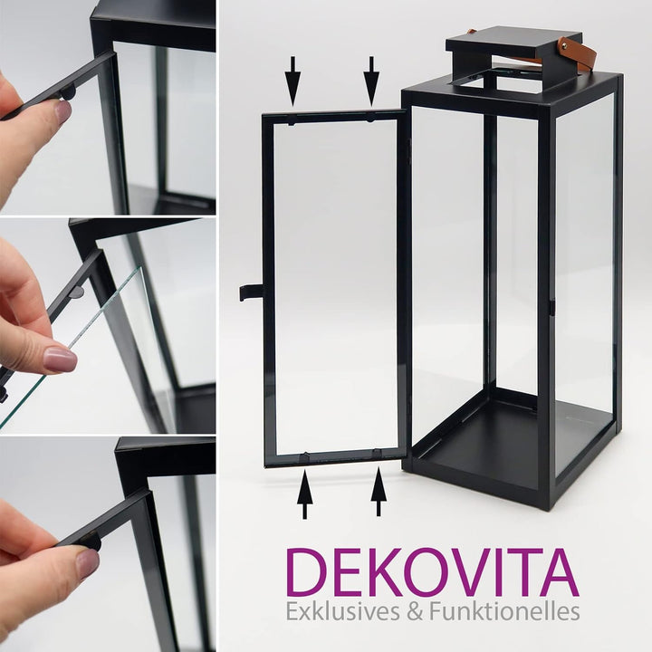 Dekovita 2er-Set Laterne in Schwarz 30cm/42cm - Gartenlaterne mit Glas-Scheiben und Kunstleder-Henke