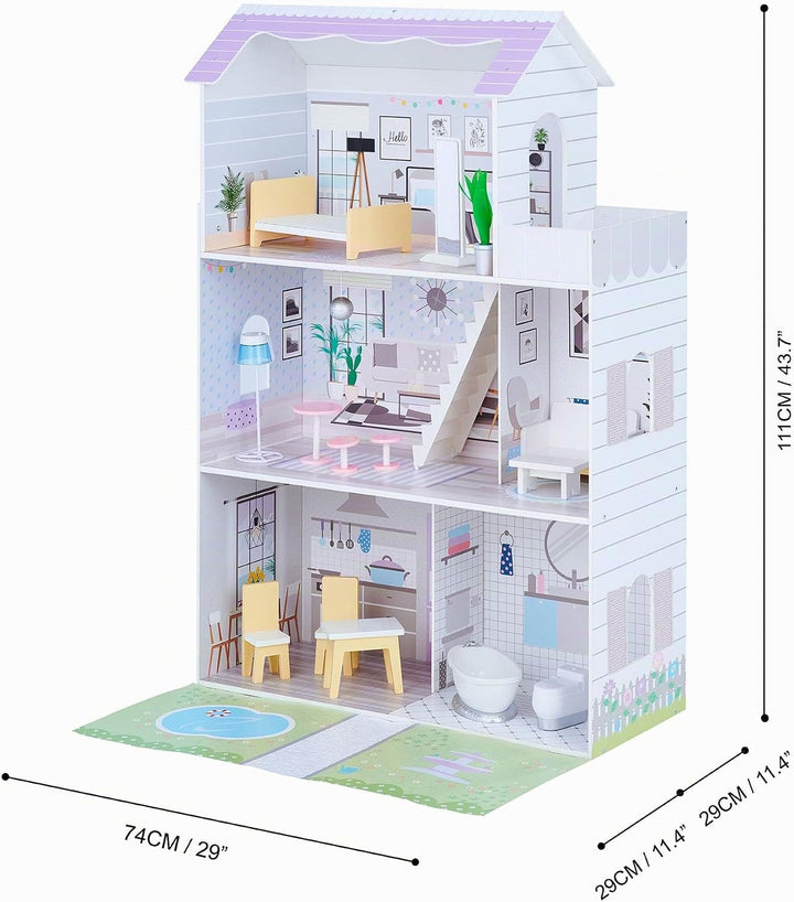 Teamson Kids Olivia’s Little World Grand Kinder-Puppenhaus aus Holz mit 3 Ebenen mit Garten und 16 i