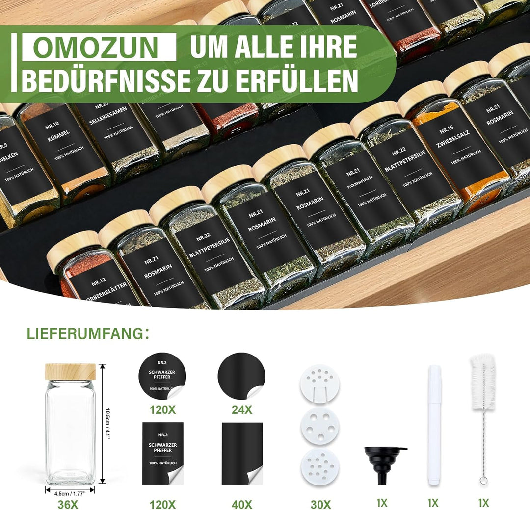 Gewürzgläser Eckig mit Etiketten Set 36er: Kleine Gewürzdosen Glas 120ml mit Streueinsatz Wasserfest