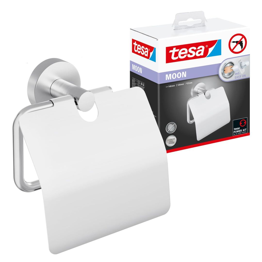 tesa Moon Toilettenpapierhalter mit Deckel, verchromt - WC-Rollenhalter zur Wandbefestigung ohne Boh