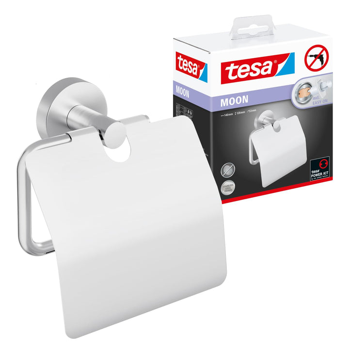 tesa Moon Toilettenpapierhalter mit Deckel, verchromt - WC-Rollenhalter zur Wandbefestigung ohne Boh