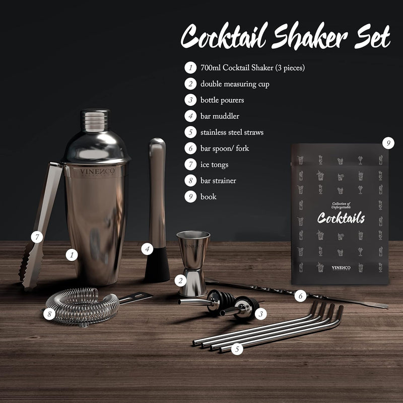 Cocktail Shaker Set + Rezeptbuch: Premium Edelstahl Bar Cocktailset Cocktailshaker Messbecher Strohh
