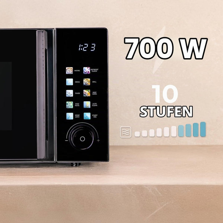 Cecotec Mikrowelle mit Grill Proclean 6130, Schwarz, 20L | 700 W und Grill mit 800 W, 8 Programme, 1