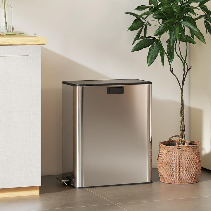 HOMCOM Küchenmülleimer Soft-Close-Schmetterlingsdeckel 2 x 28L Silberton | Edelstahl-Tretmülleimer,
