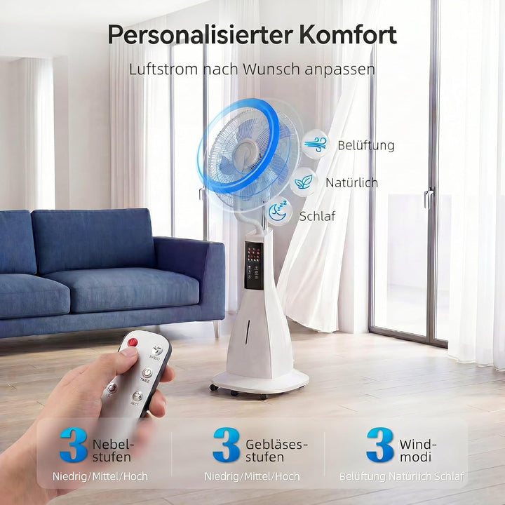 HOMCOM Ventilator mit Wasserkühlung, Luftbefeuchter, Standventilator mit Sprühnebel, 3 Modi, Fernbed