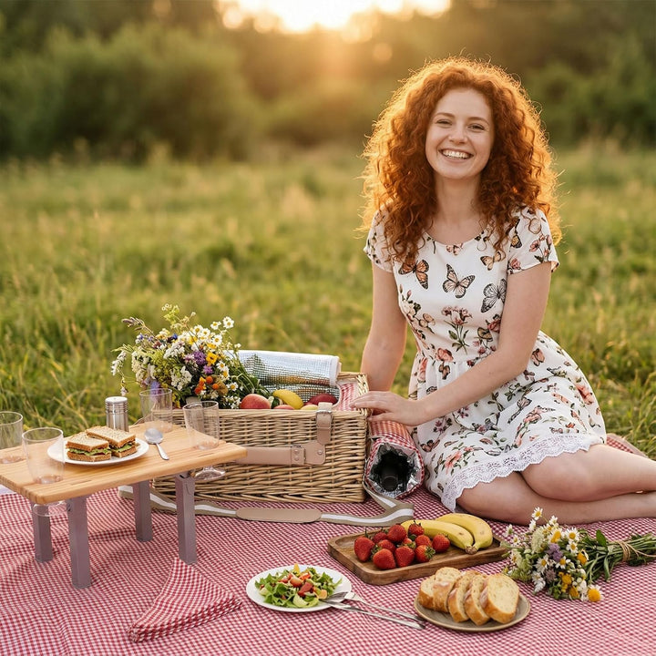 Picknickkorb-Set aus Weide für 4 Personen – mit abnehmbarem Tisch, Bestecktasche, isolierter Kühltas