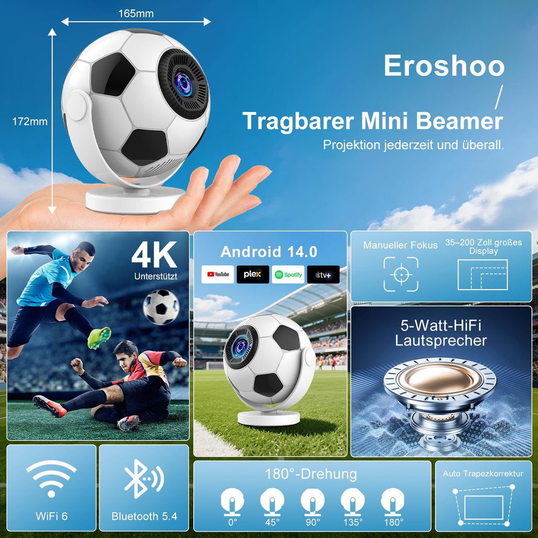 Mini Beamer Unterstützt 4K 2026,Smart Beamer Android 14,360° Fussball-Motiv,Smart Projektor Tragbare