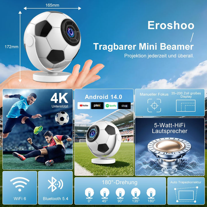 Mini Beamer Unterstützt 4K 2026,Smart Beamer Android 14,360° Fussball-Motiv,Smart Projektor Tragbare