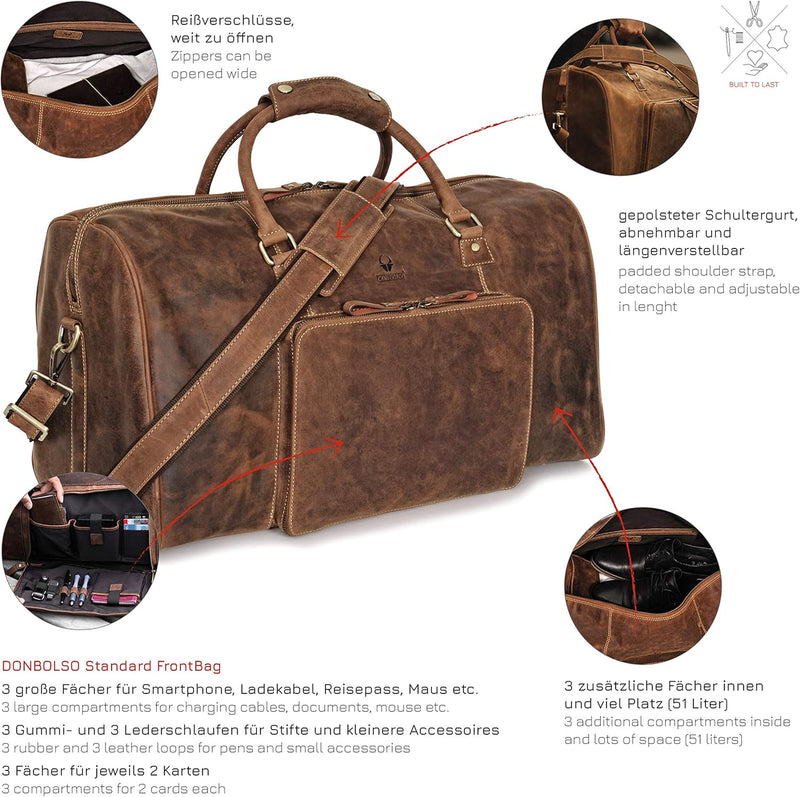 DONBOLSO Weekender Naples - Hochwertige Reisetasche Herren gross - Leder Reisetasche braun - Handgep