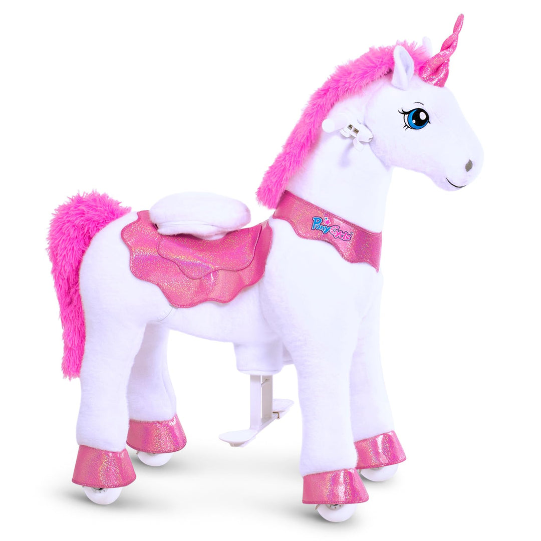 PonyCycle® Einhorn auf Rollen | für Kinder 4–7 Jahre, 90cm | Rosa Plüsch Reitpferd mit Handbremse |