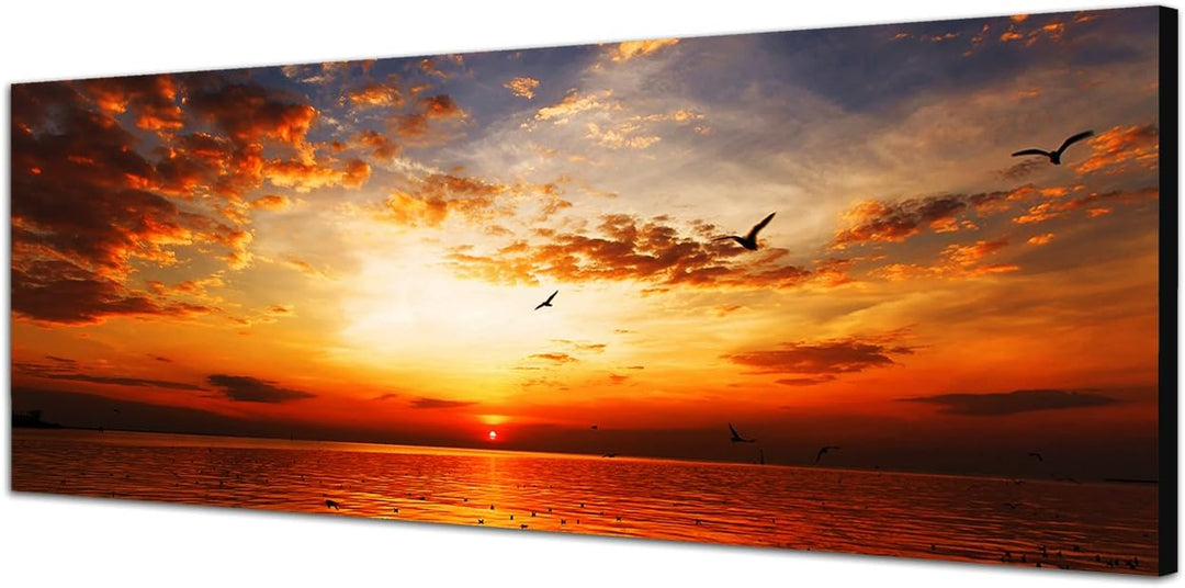 Paul Sinus Art Panoramabild auf Leinwand und Keilrahmen 150x50cm Meer Strand Sonnenuntergang Wolkens