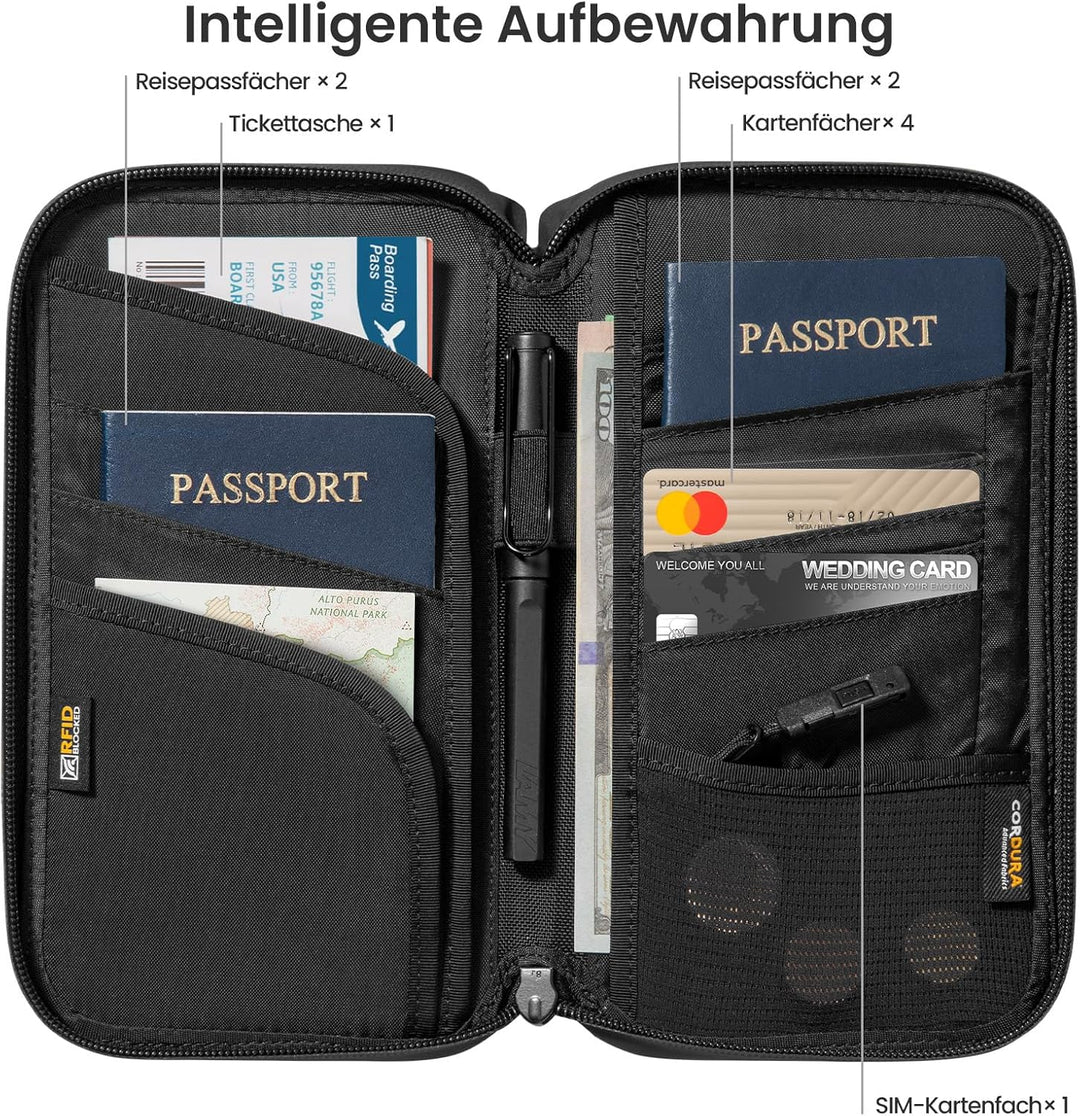 tomtoc Reisepass Tasche für 4-6 Reisepässe, Reisepasshülle Organizer Tasche Etui mit SIM-Kartenhalte