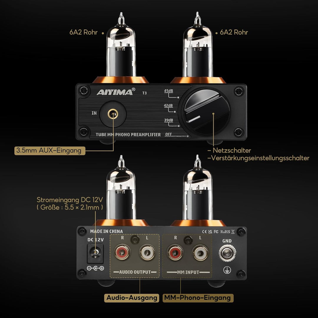 AIYIMA T3 Röhren HiFi MM Phono Vorverstärker für Plattenspieler-Vorverstärker mit Gain-Stereo-Audio