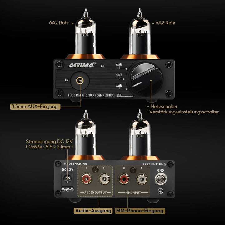 AIYIMA T3 Röhren HiFi MM Phono Vorverstärker für Plattenspieler-Vorverstärker mit Gain-Stereo-Audio