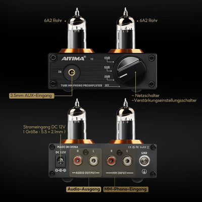 AIYIMA T3 Röhren HiFi MM Phono Vorverstärker für Plattenspieler-Vorverstärker mit Gain-Stereo-Audio
