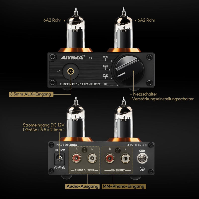 AIYIMA T3 Röhren HiFi MM Phono Vorverstärker für Plattenspieler-Vorverstärker mit Gain-Stereo-Audio