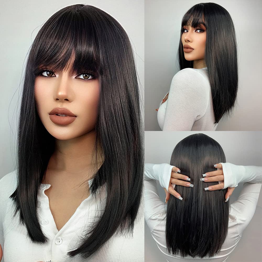 HAIRCUBE Schulterlang Gerade Kurze Perücken Schwarze Perücke Synthetische Perücken mit Pony Welle Ha