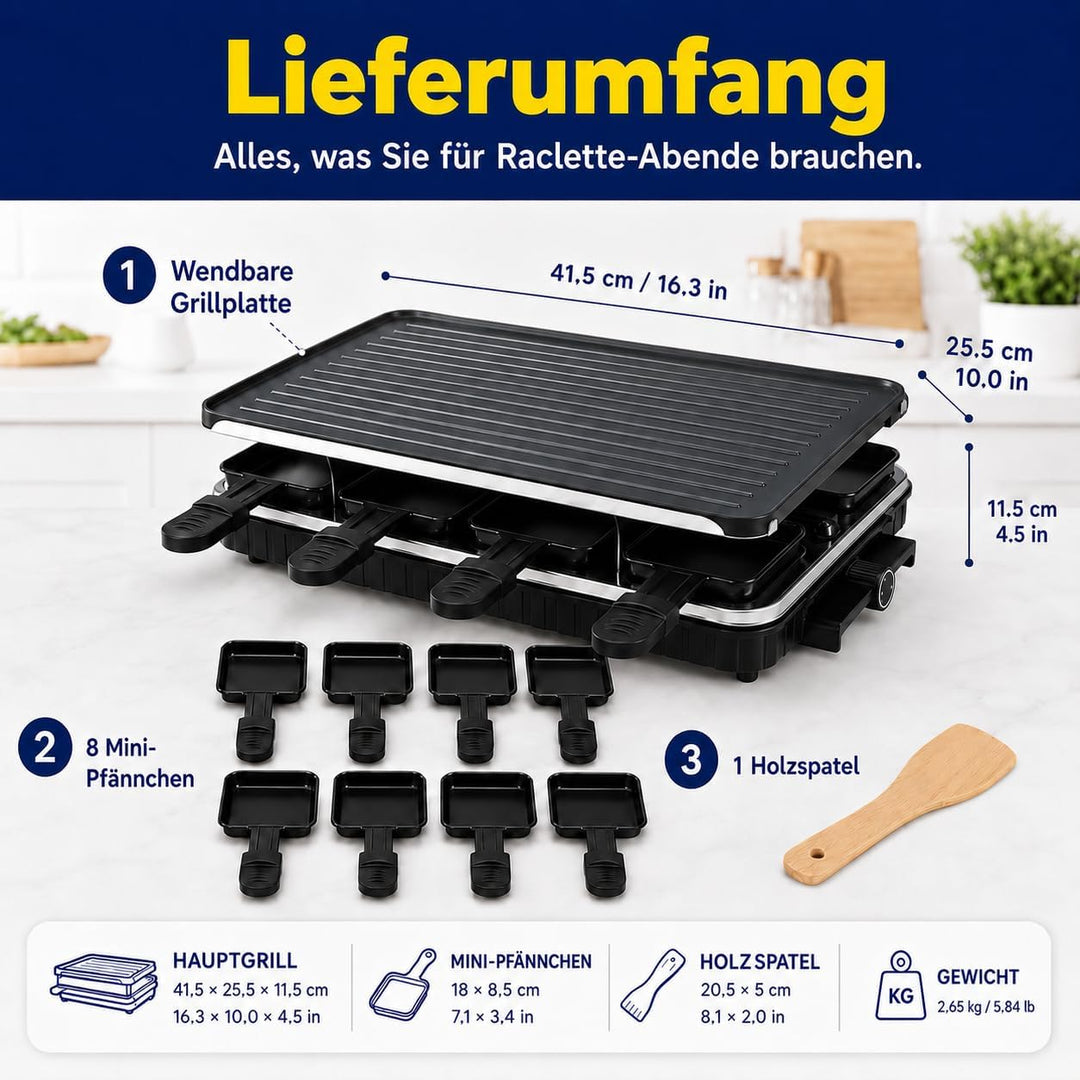 2-in-1 Raclette Grill, Raclette 8 Personen, 1300W Elektrogrill mit 1 Umkehrbarer Antihaft Grillplatt