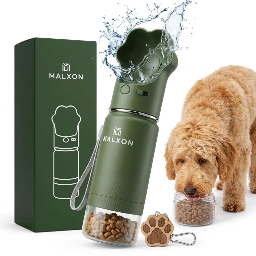 3-in-1 Trinkflasche Hunde für unterwegs – Wasserflasche mit Futterbehälter & Trinknapf – 300ml – Aus