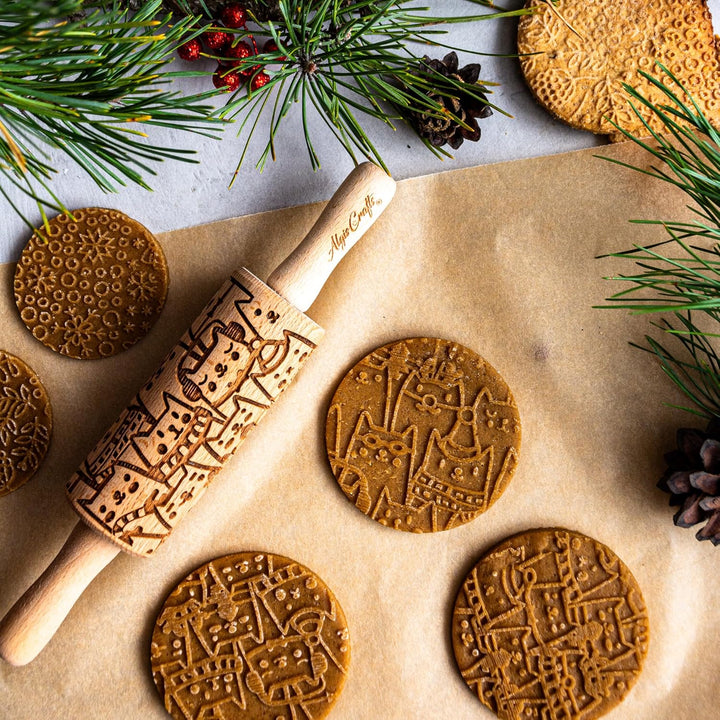 Kinder Nudelholz mit Muster WEIHNACHTSFEST Backen 3-er SET - Teigroller Holz für DIY Weihnachten Plä