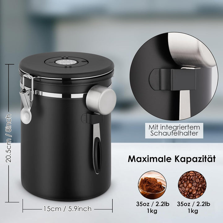 Kaffeedose Luftdicht 1kg Bohnen, 2,8 L Edelstahl Kaffeebohnen Behälter Mit EdelstahllöFfel Und Datum