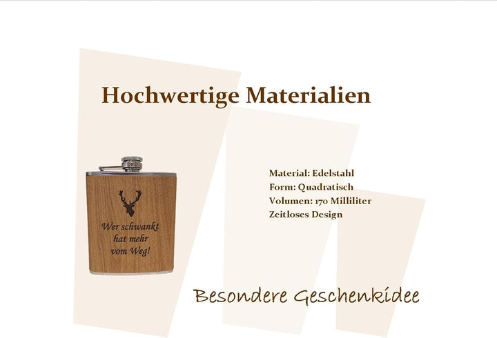 Edelstahl Flachmann 170ml in Holzoptik – Ideal für Unterwegs, Robust & Langlebig, Trinkflasche, Gesc