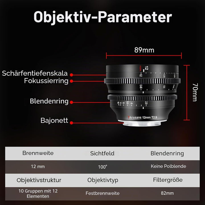 7artisans APS-C Ultra-Weitwinkel-Kinolinse, 12 mmT2.9 grosse Blende, manueller Festfokus, geringe Ve