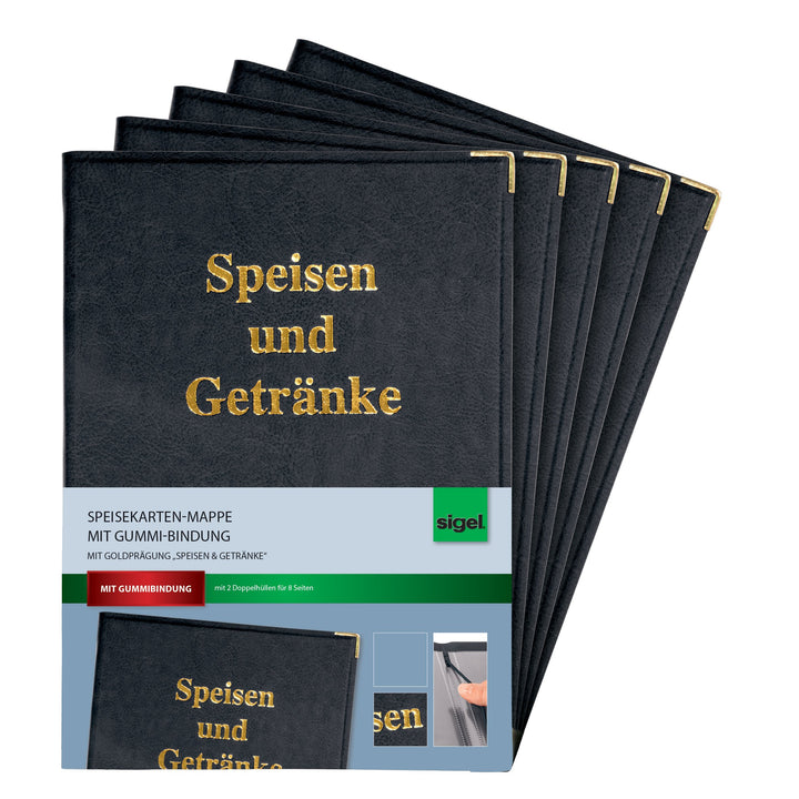 SIGEL SM100/5 Speisekarten-Mappen für A4, Menükarte, 5er Pack, mit Gummi-Bindung, schwarz mit Goldpr