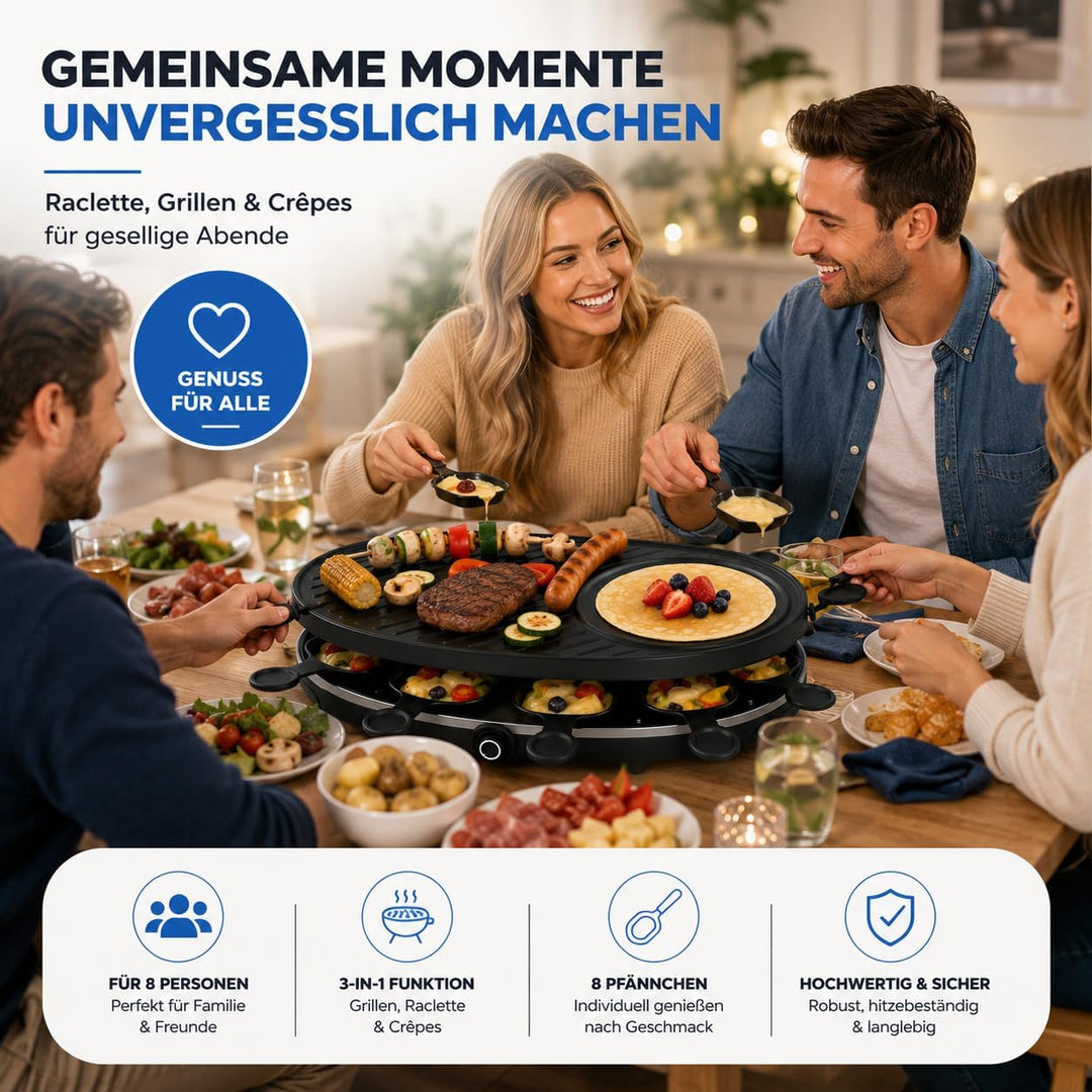 Raclette Set für 8 Personen - Grill oval - Mit Crepes Funktion - Tischgrill inkl. Pfännchen &amp; Schabe