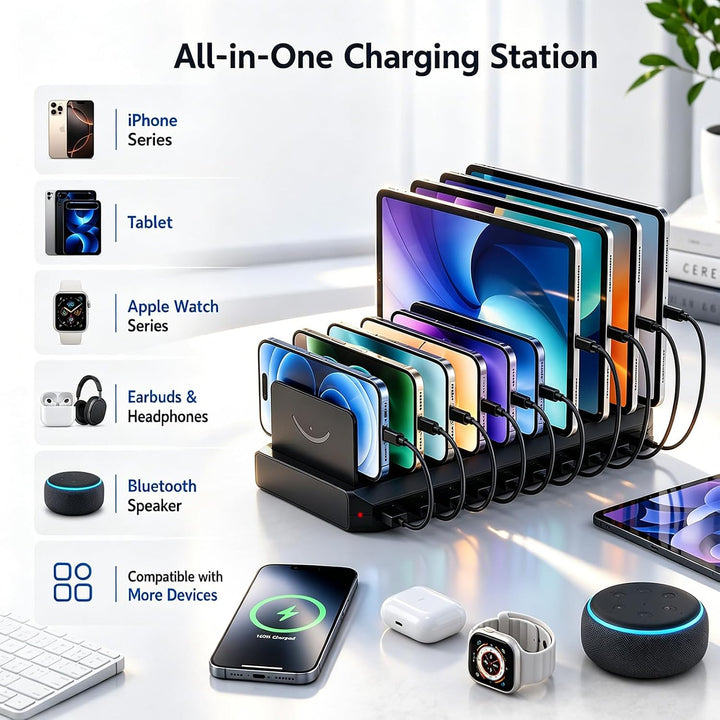 USB Ladestation 100W,10-Port Handy Ladestation Mehrfach mit verstellbarem abnehmbarem Trenner, 5V/2.