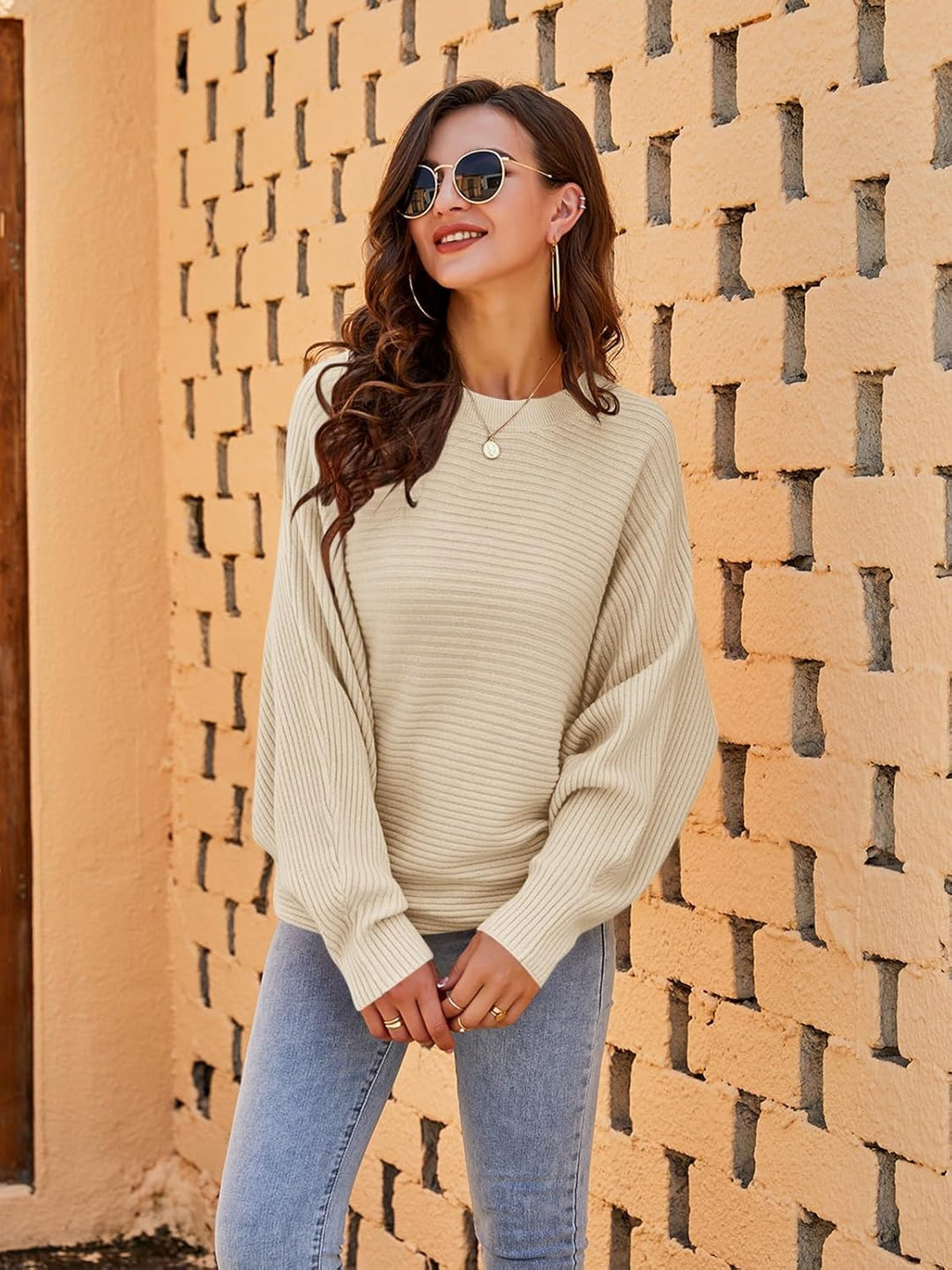Fessceruna Damen Pullover Oversize Fledermausärmel Strickpullover Winter Rundhals Pulli Geripptes Sw