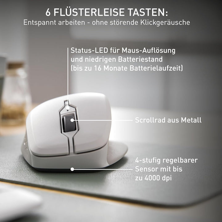 CHERRY STREAM MOUSE COMFORT, Kabellose Ergonomische Maus mit Gummierter Daumenauflage, Speziell für