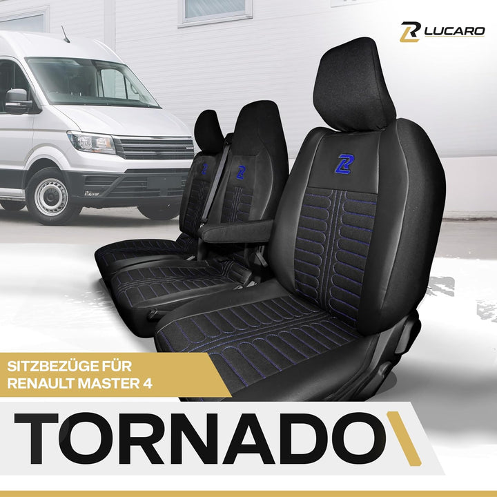LUCARO Sitzbezüge Auto Set Tornado für Renault Master 4, Nissan Interstar 3 Blau Rückenlehne und Sit