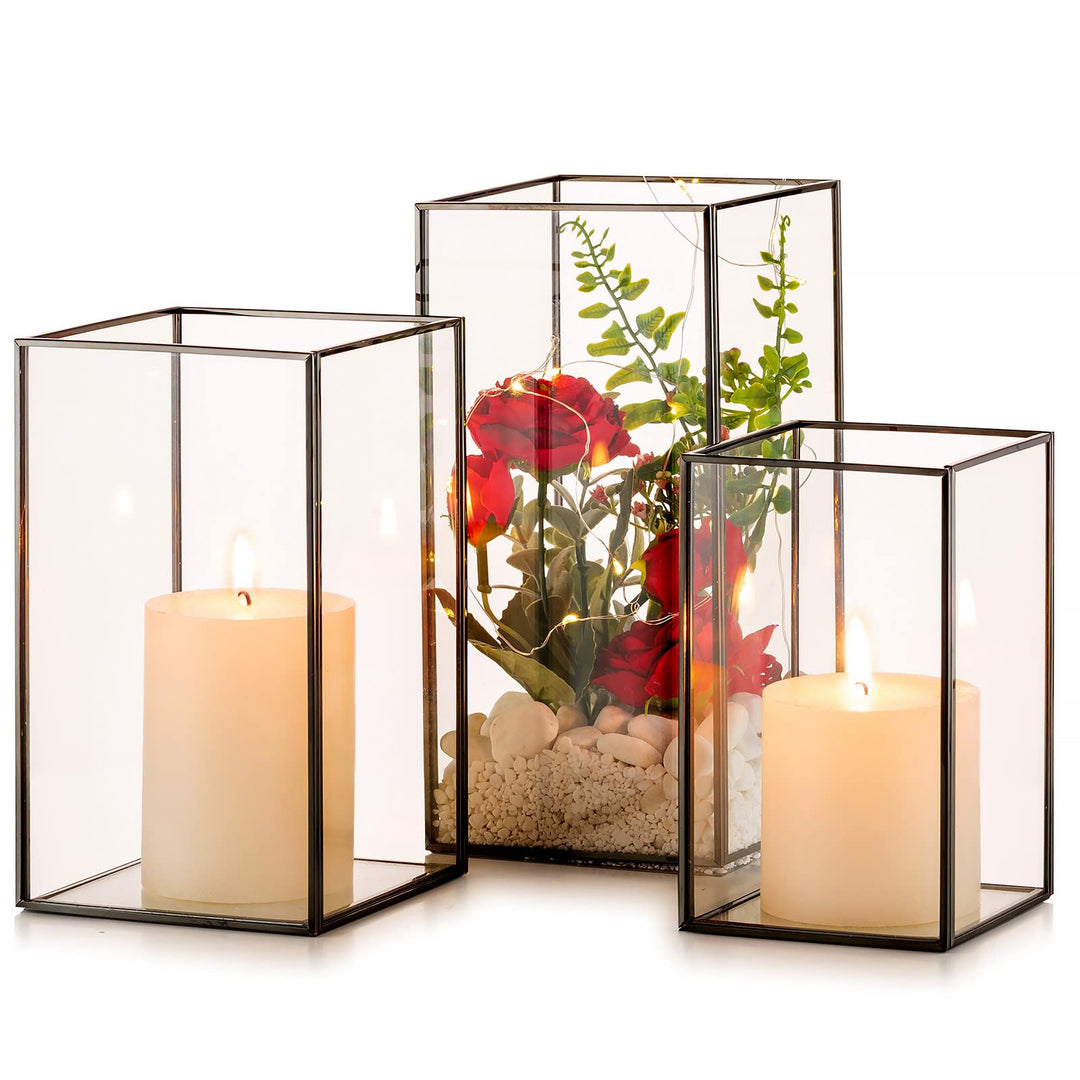 NUPTIO Windlicht Schwarz Glas Laterne: Gold Kerzenständer Metall Set von 3 Gross Kerzenhalter Hochze
