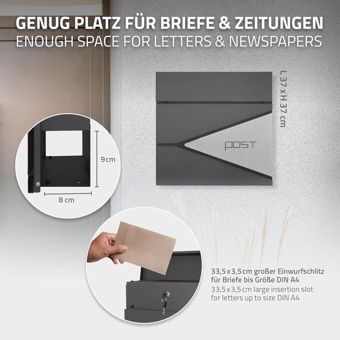 ECD Germany Standbriefkasten mit Zeitungsfach, Design Briefkasten mit Pfosten, Briefkastenanlage, Br