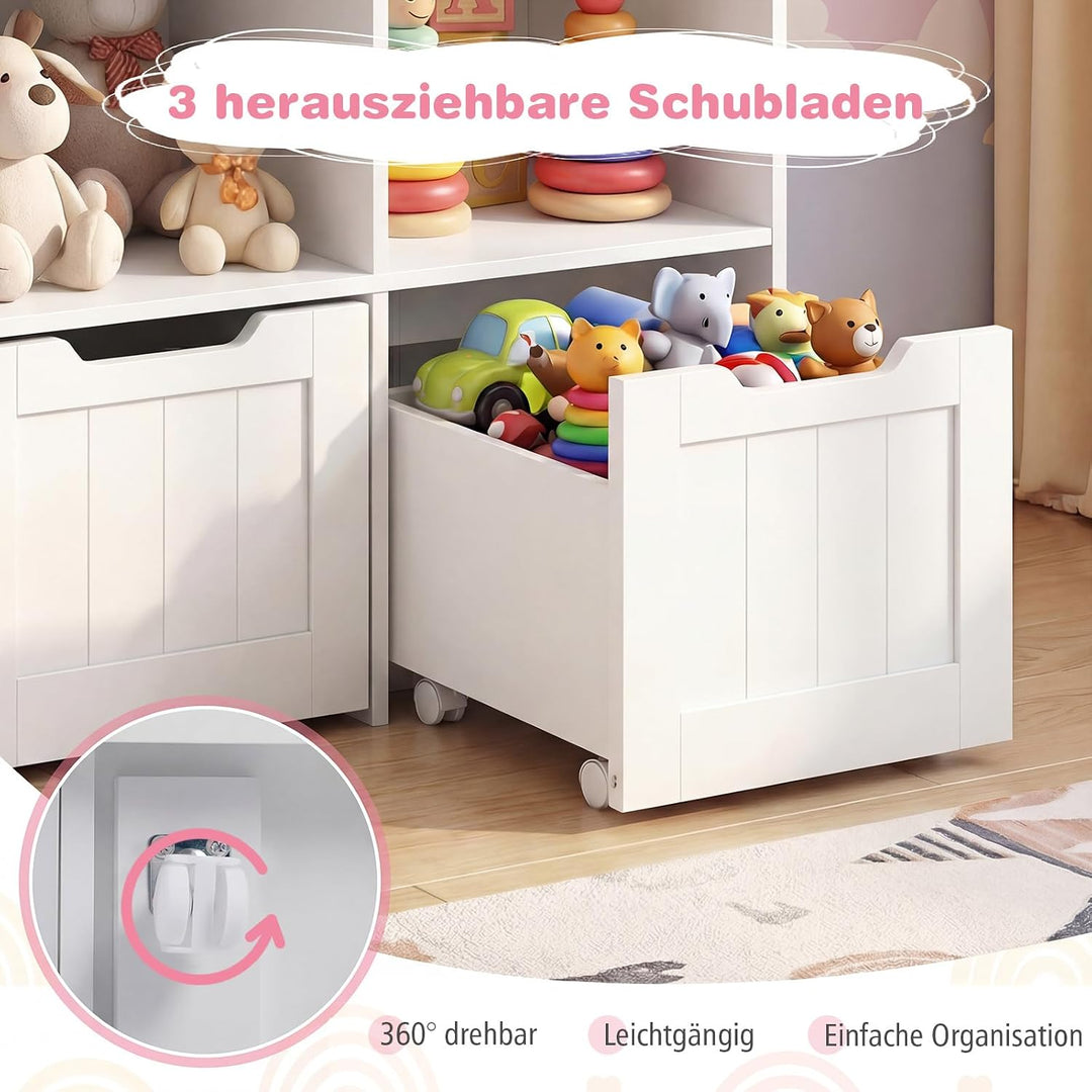 COSTWAY Kinderregal mit Boxen auf Rollen, Bücherregal Kinder mit 5 Fächern &amp; 3 Schubladen, Spielzeug